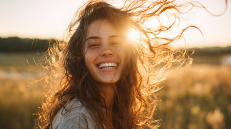A woman with long, wavy hair smiles brightly as the sun sets behind her. She enjoys the warm glow of the evening light in a beautiful grassy landscape, radiating happiness.の素材