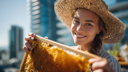 Bright sunlight shines on a cheerful woman displaying a honeycomb frame in an urban setting.の素材