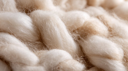 This close-up showcases the soft, fluffy texture of natural wool fibers woven together. The gentle color variations create a warm and inviting feeling, perfect for cozy blankets.の素材