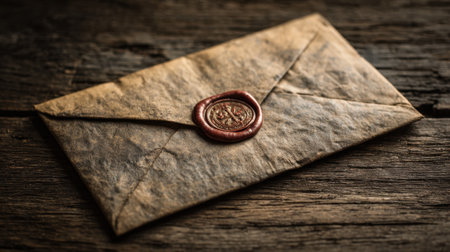 A vintage envelope with a wax seal lies on a worn wooden surface illuminated by gentle light.の素材