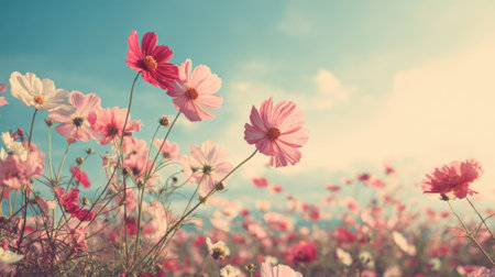 Bright pink and white flowers sway gently in the breeze under a clear blue sky. The sun shines warmly on this lovely garden, creating a serene atmosphere.の素材
