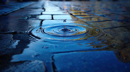 A single raindrop falls onto a puddle formed on a cobblestone street. The ripples spread across the water, reflecting the blue sky, creating a peaceful scene.の素材