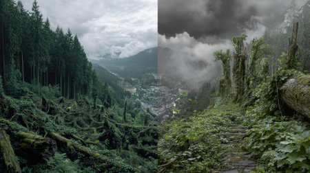 A vibrant green forest with overgrown trees on one side and a dark, stormy sky over a mountain village on the other. The setting showcases nature's resilience.の素材