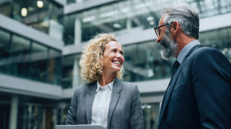 Two professionals are engaged in a lively conversation in a contemporary workspace with large windows. The friendly exchange shows collaboration and positivity in a corporate environment.の素材
