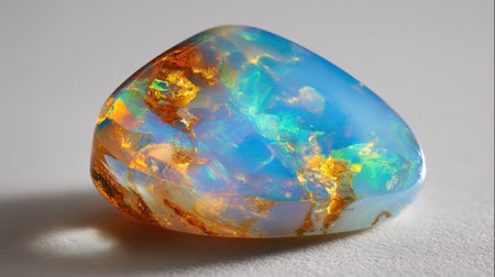 Beautiful opal stone reveals a stunning mix of blue orange and gold hues in soft lighting.の素材