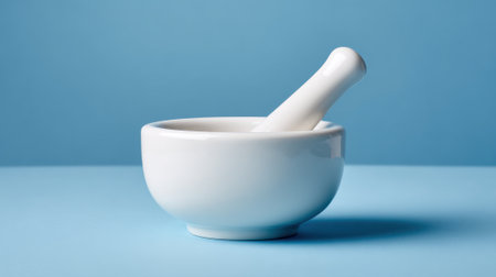 A white ceramic mortar and pestle sits on a light blue surface. This tool is essential for grinding herbs and spices in culinary or herbal preparations.の素材