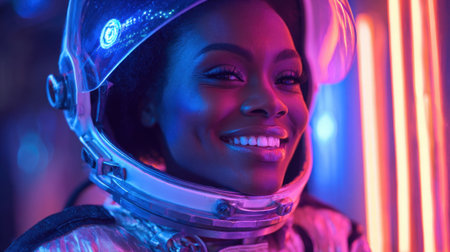 An astronaut with a bright smile poses in a colorful environment filled with neon lights. The cheerful expression showcases confidence and excitement in a space-themed setting.の素材