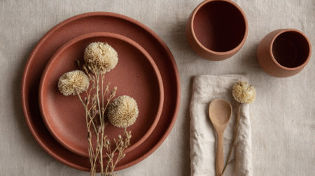 A serene setting features clay plates and cups adorned with dried flowers resting on natural fabric.の素材