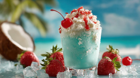 A colorful dessert features coconut cream and strawberries with a cherry on top by the beach.の素材