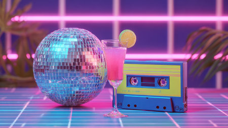 Bright colors and a shiny disco ball complement a refreshing pink drink with a lime slice.の素材