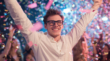 A young man celebrates with joy as colorful confetti falls around him during a vibrant party.の素材