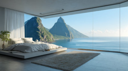 A beautifully designed bedroom showcases a breathtaking view of mountains and the ocean.の素材