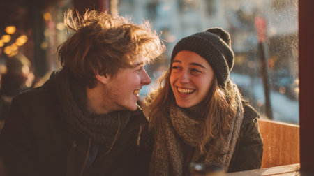 A young couple shares joyful laughter while sitting close in a warm, inviting cafe. Outside, daylight streams through the window, highlighting their happiness.の素材
