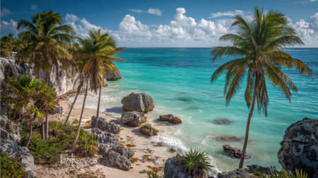 Brightly colored beach with palm trees swaying in the breeze sparkling turquoise waves crashing gently against rocks.の素材