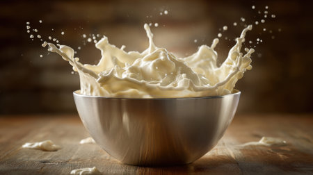 A metal bowl overflows with creamy texture as it splashes in a rustic kitchen. The scene captures the essence of cooking and the joy of preparing delightful dishes.の素材