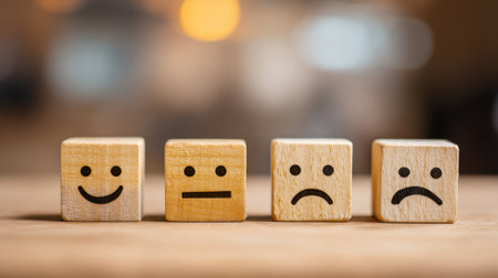 Four wooden blocks display different facial expressions representing a range of emotions.の素材