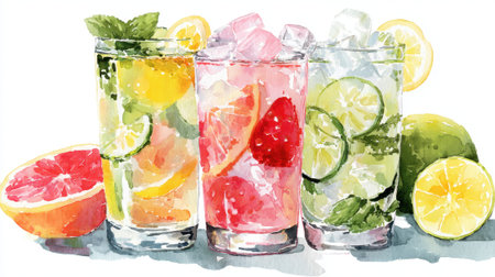 Brightly colored drinks adorned with fruits and herbs bring joy in a sunny atmosphere.の素材