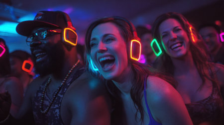 Friends dance joyfully at a silent disco wearing colorful headphones and enjoying the lively atmosphere.の素材