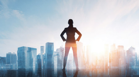 A business leader silhouettes against a bright cityscape as the sun rises symbolizing new beginnings.の素材