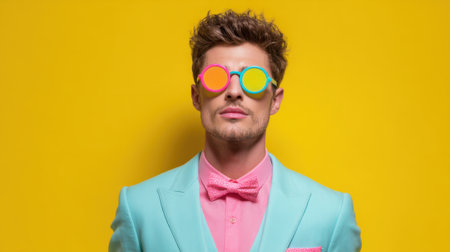 A cheerful man poses in a stylish pastel suit and colorful sunglasses radiating summer vibes.の素材
