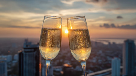 Two glasses of champagne click together as the sun sets behind a vibrant city skyline.の素材