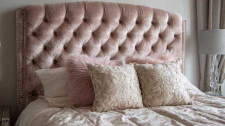 A beautifully styled bedroom features a luxurious pink headboard with fluffy pillows and elegant lighting.の素材