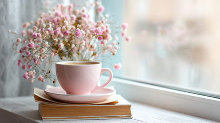A warm cup of coffee sits on a stack of books beside a vase of delicate flowers radiating comfort.の素材