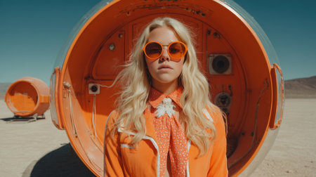 A model showcases vibrant orange clothing and sunglasses near a retro rocket in a sunlit desert.の素材