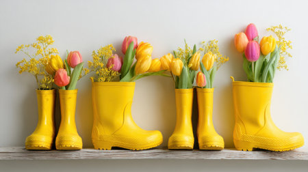 Colorful tulips and golden flowers bloom from bright yellow boots on a warm wooden shelf.の素材