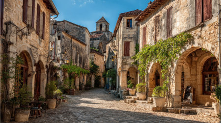A quaint street unfolds with stone buildings and greenery under a clear blue sky during dawn.の素材