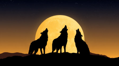 Wolves on gather a hill howling towards the luminous full moon in a clear night sky.の素材