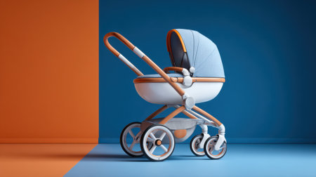 A stylish baby stroller stands out against a bright blue and orange backdrop emphasizing its unique design.の素材