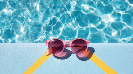 Pink sunglasses sit at the edge of a sparkling blue pool on a sunny day perfect for relaxation.の素材