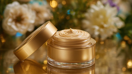 A golden cream jar sits open revealing creamy texture amid beautiful flowers and soft light.の素材