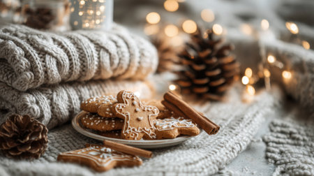 Soft blankets surround festive gingerbread cookies and pine cones during a warm holiday evening.の素材
