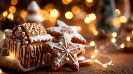 Gingerbread cookies shaped like stars and houses are beautifully decorated with icing. A cozy, festive atmosphere is created by warm lights in the background.の素材