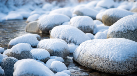 A peaceful view shows snow capped rocks in a gentle stream surrounded by winter scenery.の素材