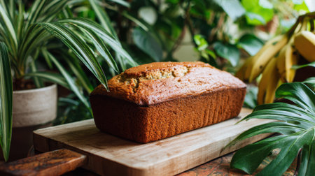 A freshly baked loaf of banana bread sits on a wooden cutting board. The warm colors of the bread contrast with lush green plants and ripe bananas in the background, creating a cozy atmosphere.の素材