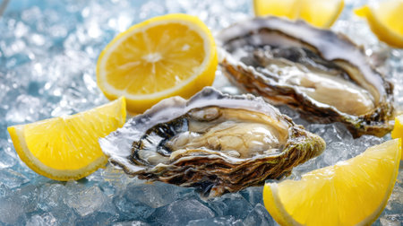 Fresh oysters sit on a bed of ice, garnished with lemon wedges. The setting offers a refreshing seafood experience, perfect for any occasion.の素材