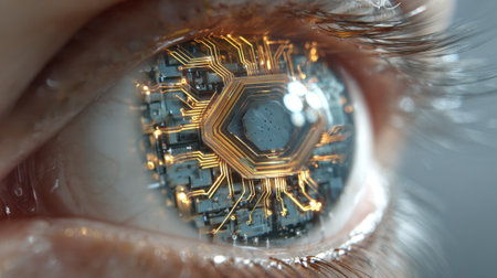 A close-up view of an eye featuring a detailed circuit board design. This artwork symbolizes the fusion of biology and technology, showing futuristic concepts.の素材