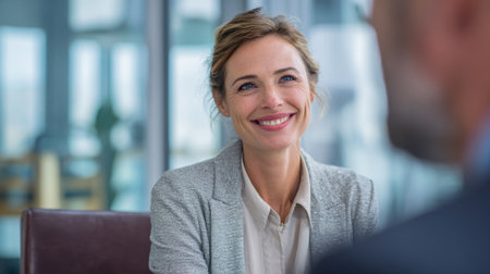 A woman smiles warmly at her colleague during a discussion in a bright office.の素材