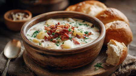 Delicious potato soup topped with crispy bacon pieces and herbs alongside soft fresh bread.の素材