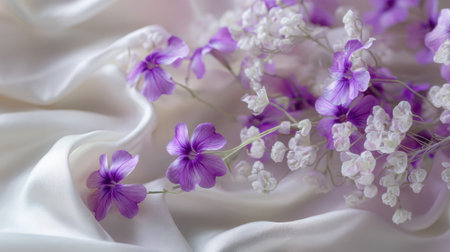 Delicate purple flowers lie gracefully on smooth white fabric bringing a calming atmosphere.の素材