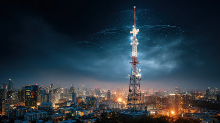 A tall broadcasting tower stands illuminated against the night sky, surrounded by a vibrant cityscape filled with lights. The scene captures the energy of urban life.の素材