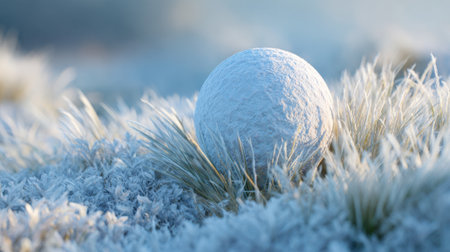 A golf ball covered in frost sits on a bed of icy grass. The scene captures a chilly winter morning with soft sunlight shining on the frost, creating a serene atmosphere.の素材