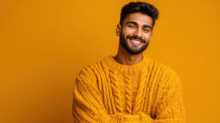 A cheerful young man strikes a playful pose showcasing a vibrant sweater and expressing joy.の素材