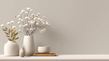 Delicate white flowers and simple green leaves grace vases on a calm shelf under soft lighting.の素材