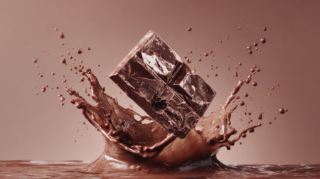 A block of chocolate leaps into a pool of cocoa creating a splash of delight and indulgence.の素材