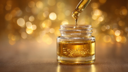 A dropper releases a glistening droplet of golden oil into a clear jar. The warm, blurred background enhances the scene's inviting and calming atmosphere.の素材