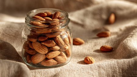 A glass jar filled with almonds rests on soft linen fabric illuminated by warm afternoon light.の素材